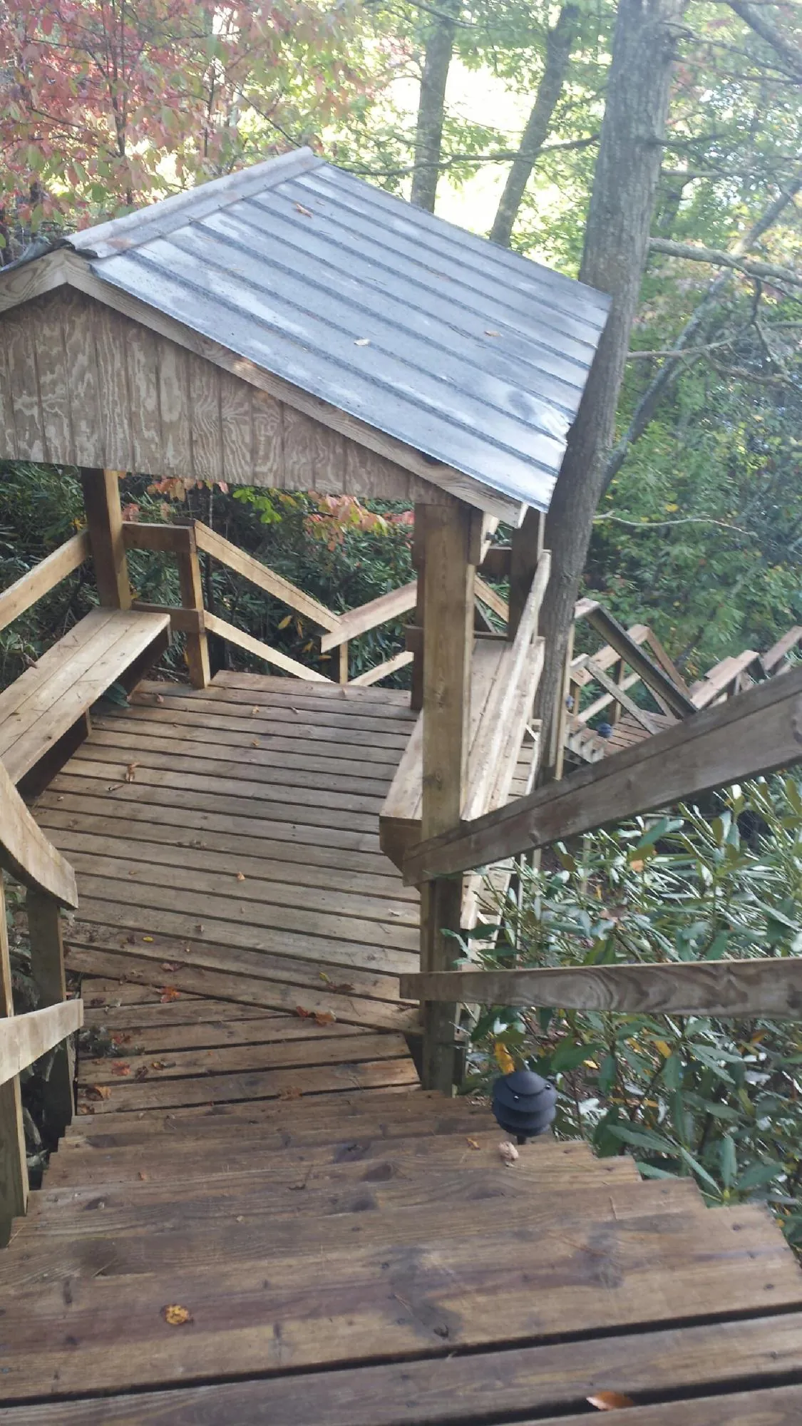 Metal roofed shelter over wooden steps on a wooded walkway — Skylight Repair & Installation work by our crew in Grasston